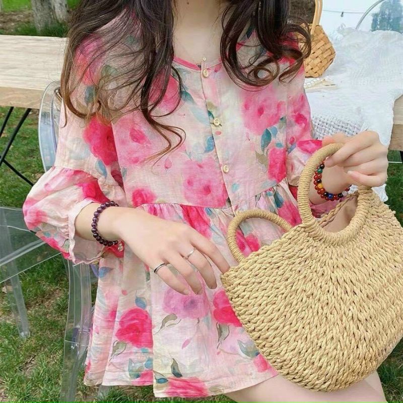 Áo bầu babydoll hoa nhí siêu hot, freesize từ 43-68kg☘️ áo bà bầu cao cấp chất đũi siêu mát siêu mềm ko nhăn