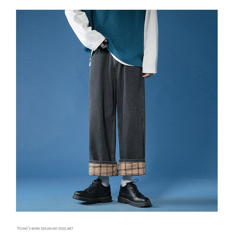 Quần Jeans Đen Ống Suông Xắn Gấu - KR