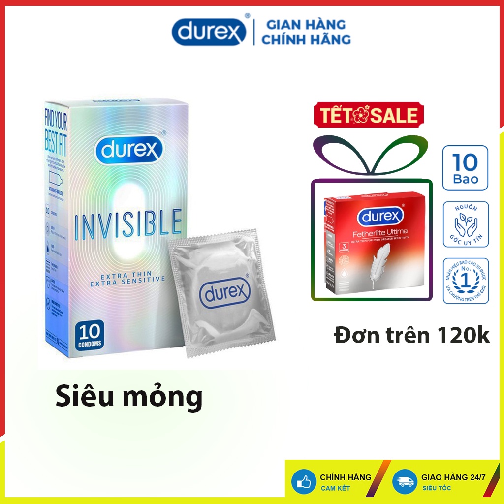 Bao cao su siêu mỏng durex invisible 10 bao nhiều gel, bao cao su cao cấp cho gia đình, nam nữ tăng cường gel bôi trơn.