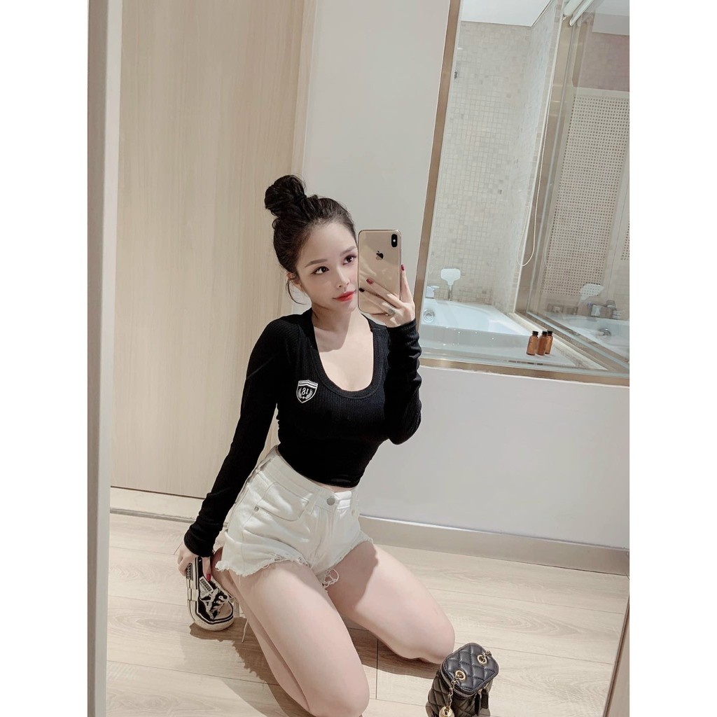 Áo croptop tay dài ôm nữ ACOD 18, thêu phù hiệu cá tính, áo kiểu dài tay thun gân xịn mịn, cổ tròn rộng trắng đen nâu
