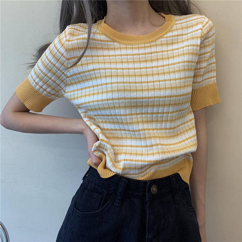 Áo Thun Dệt Kim Tay Ngắn Dáng Ôm Họa Tiết Kẻ Sọc Thời Trang Cho Nữ