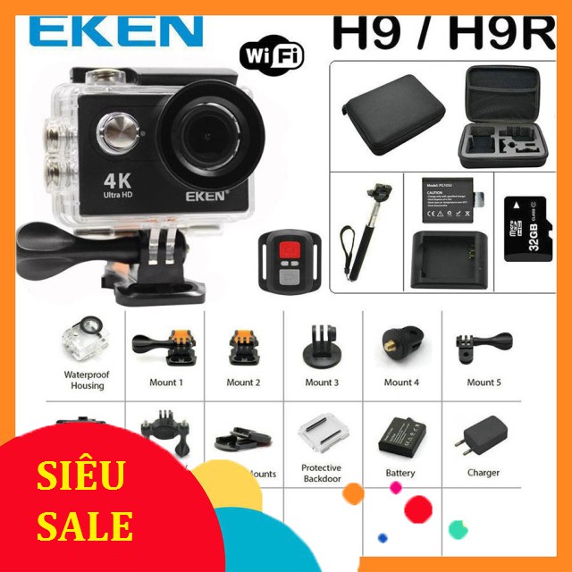 [SiêuRẻ] Camera hành trình 4K wifi Eken H9R có remote version mới nhất 8.1 tặng kèm kính lọc đỏ và pin siêu khủng 135