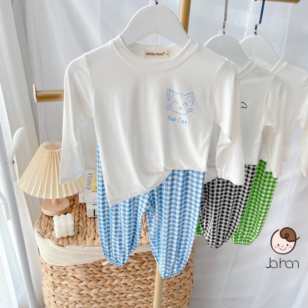 Bộ Quần Áo Trẻ Em  KID Dài Tay Caro Ulzzang Cho Bé Trai Bé Gái từ 6 đến 18kg Chất Thun Lạnh