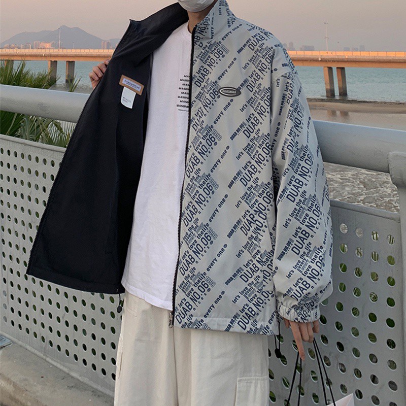 Áo khoác cổ đứng dáng rộng in họa tiết mặc được hai mặt phong cách đại học kiểu Hàn hợp thời trang dành cho nam
