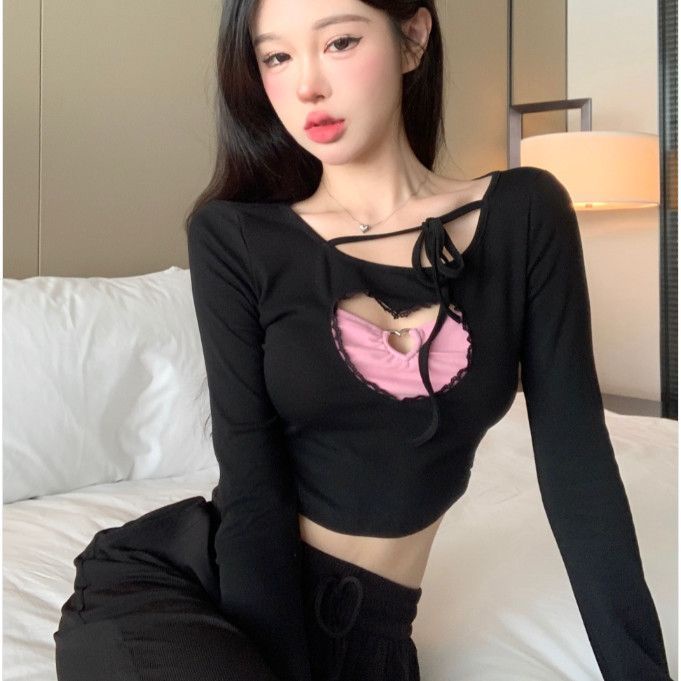 COZOK Áo Croptop Tay Dài Hoạ Tiết Trái Tim Thiết Kế Dây Đan Chéo Quyến Rũ