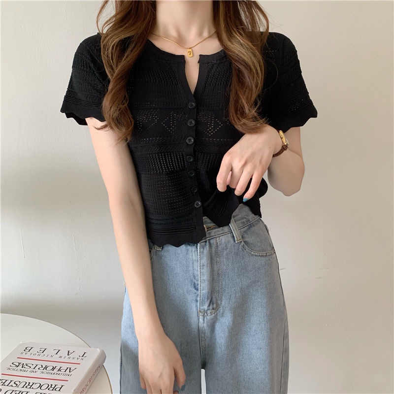 Áo Cardigan Dệt Kim Mỏng Tay Ngắn Màu Trắng Đơn Giản Trẻ Trung