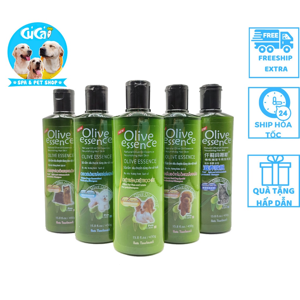 Sữa tắm cho chó mèo Olive Essence 450ml lưu hương thơm lâu, sữa tắm diệt ve, nấm rận chó mèo hiệu quả Củ Cải Pet Shop