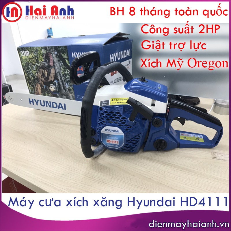 Máy cưa xích chạy xăng Hyundai HD-4111 2HP chính hãng, giật cực nhẹ - phù hợp cưa cây to vừa, cưa cành