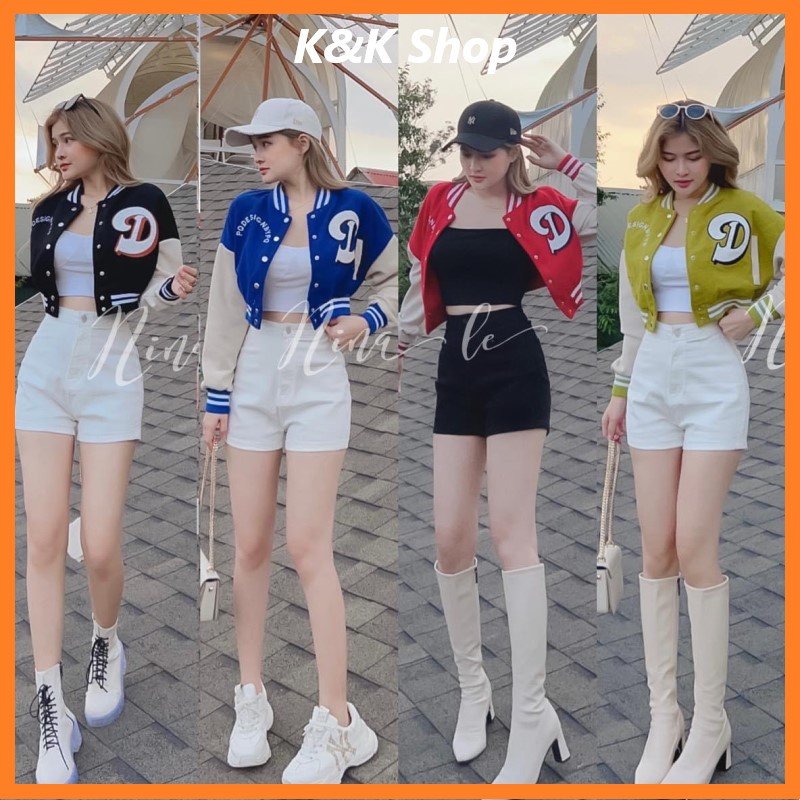Áo khoác bomber croptop nhiều màu Video Hình THẬT, áo khoác nữ ngắn in chữ, cổ viền chất đẹp