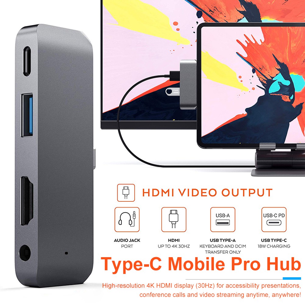 PUR Mobile Pro Hub Adapter with USB-C PD Charging 4K HDMI USB 3.0 3.5mm Headphone Jack for iPad Pro