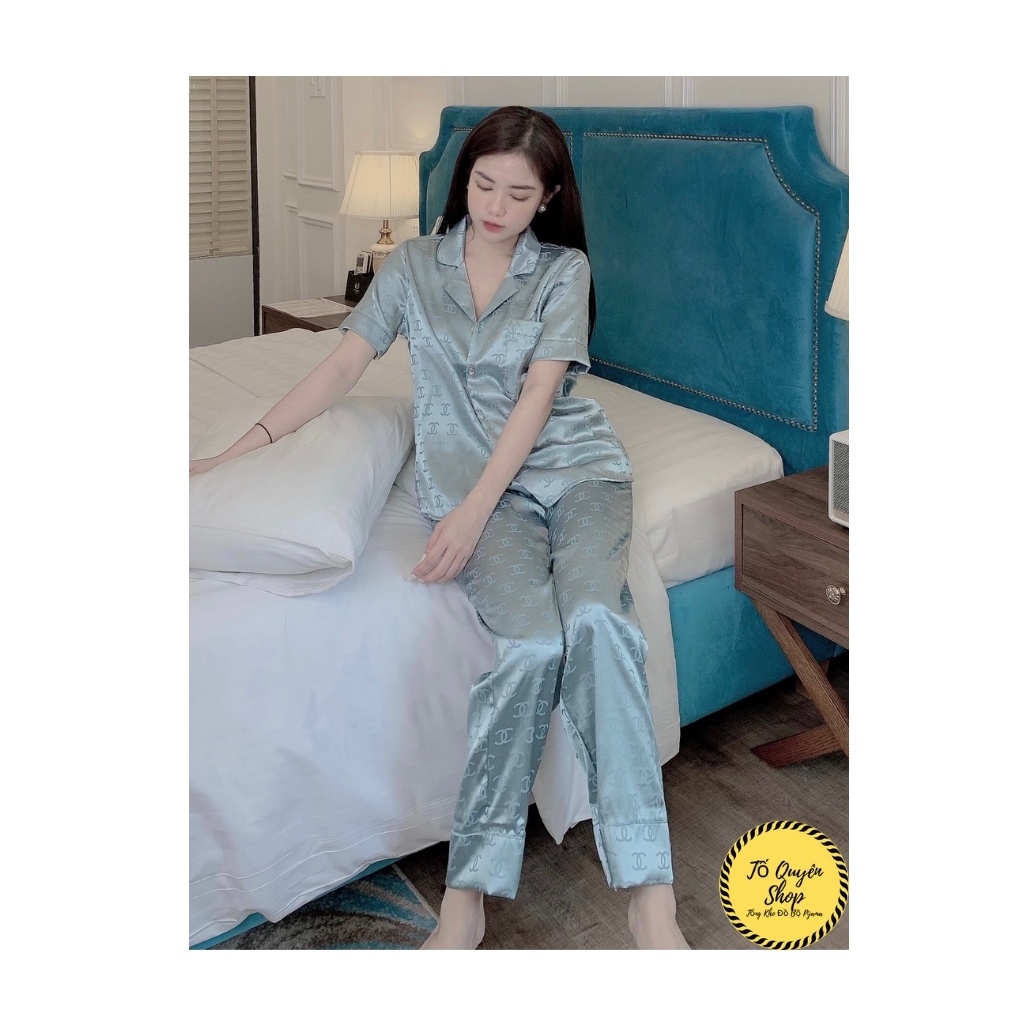 Bộ Ngủ Lụa Satin Đồ Bộ Pijama Lụa Cộc Tay Quần Dài Cha.nel Thêu BN10.2 NoBrandSilk