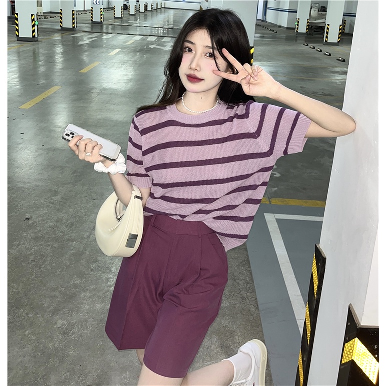 【Hana and Alice】Áo Thun Dệt Kim Tay Ngắn Cổ Tròn Dáng Rộng Kẻ Sọc Ngang Trẻ Trung Hợp Thời Trang