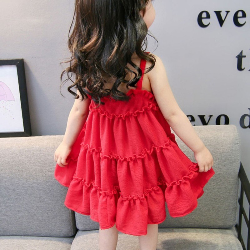 Đầm hai dây màu trơn xếp nếp đáng yêu cho bé gái