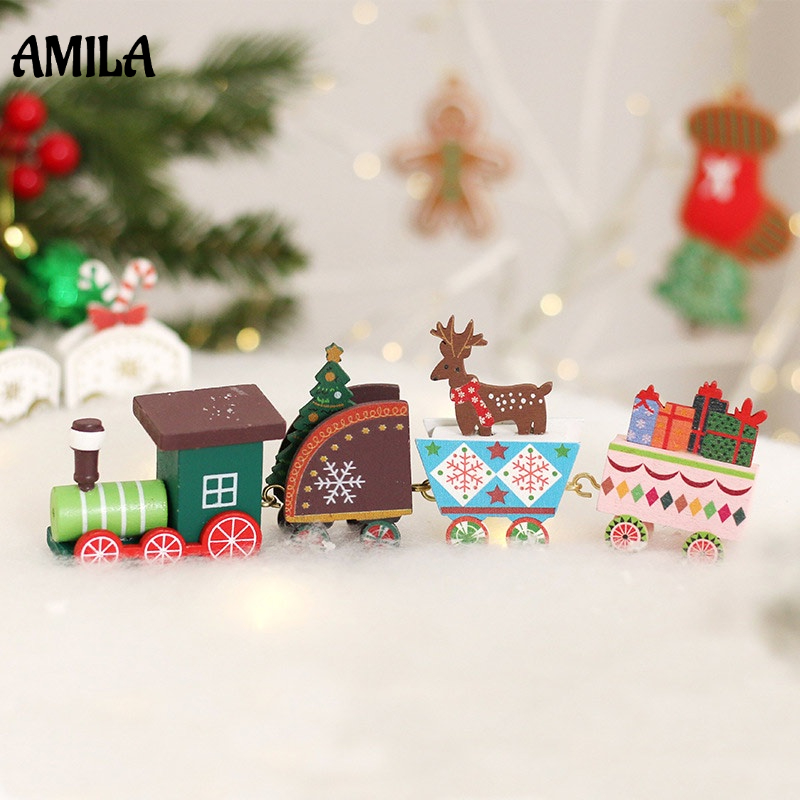 AMILA  Đồ Chơi Tàu Lửa Bằng Gỗ Sơn Màu Trang Trí Giáng Sinh Dành Cho Trẻ Em
