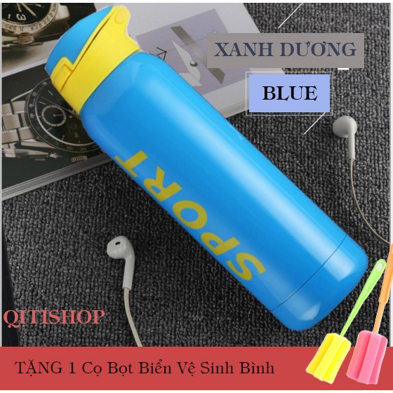 Bình Giữ Nhiệt Sport INOX 304 - 500ml Có Ống Hút [5 Màu] (TẶNG Cọ Bọt Biển Vệ Sinh Bình) - QA