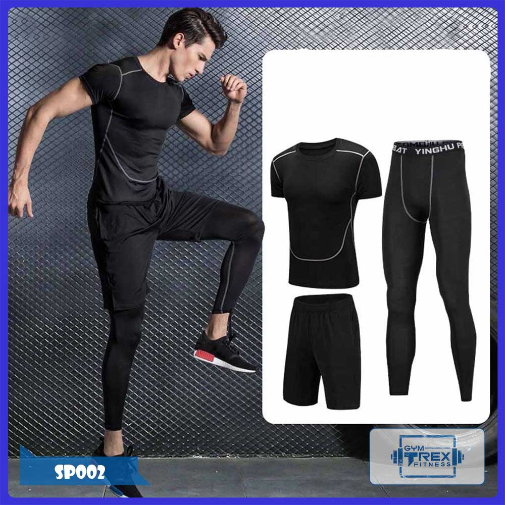 Combo 3 in 1 quần áo gym nam Pro combat ôm body SP002, Bộ quần áo thể thao nam [Gym T-Rex]