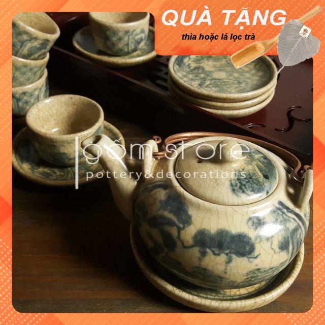 Ấm chén Bát Tràng men rạn giả cổ dáng hồng vẽ sơn thủy (Không kèm khay ấm trà như hình)