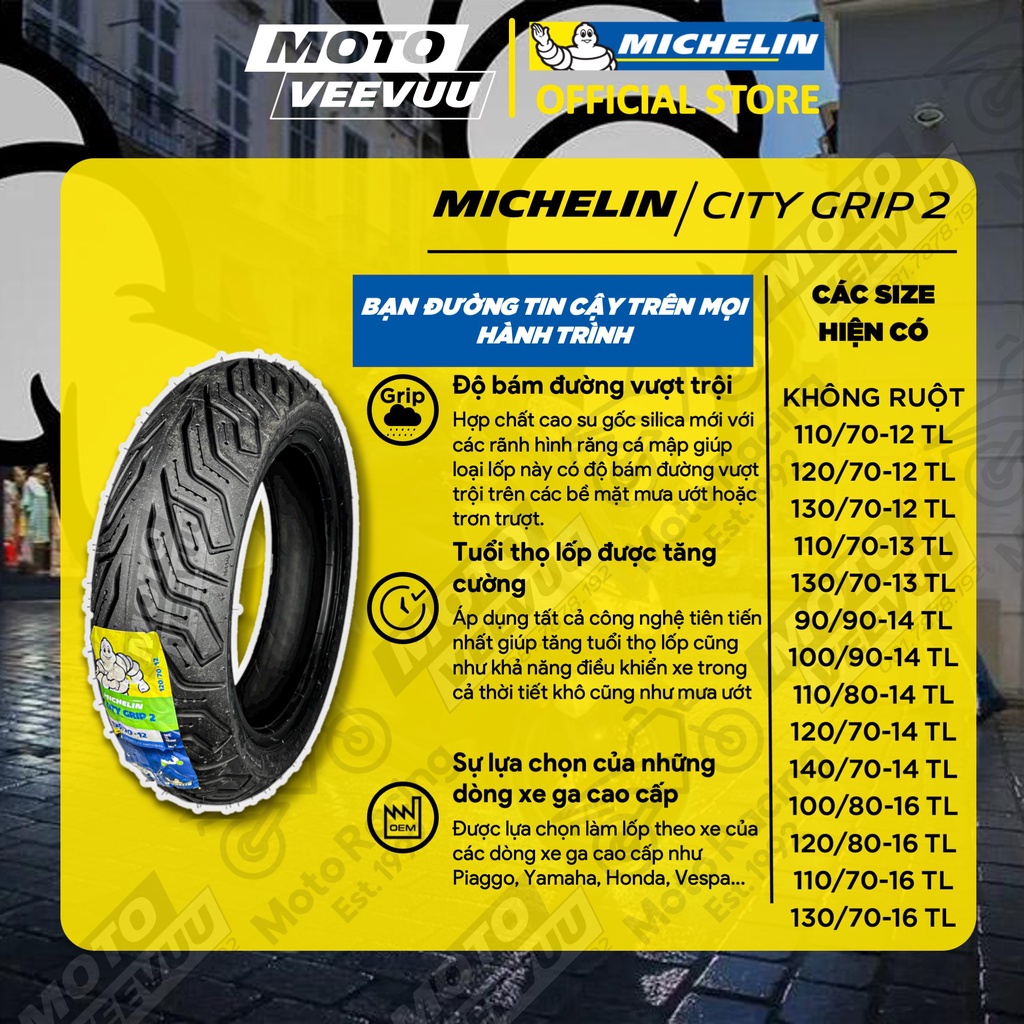 Vỏ lốp xe máy MICHELIN CITY GRIP 2 đủ size xe ga 70 80 90 100 110 120 130 140 10 11 12 14 16