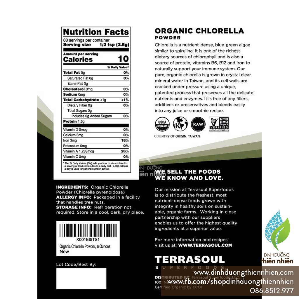 Bột Tảo Hữu Cơ Terrasoul Superfoods Organic Chlorella Powder, 170g