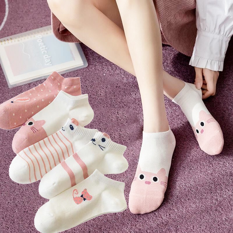 1 Đôi Vớ Cotton Ngắn Tới Mắt Cá Chân / Mắt Cá Chân Thoáng Khí In Hình Mèo Dễ Thương Cho Nữ