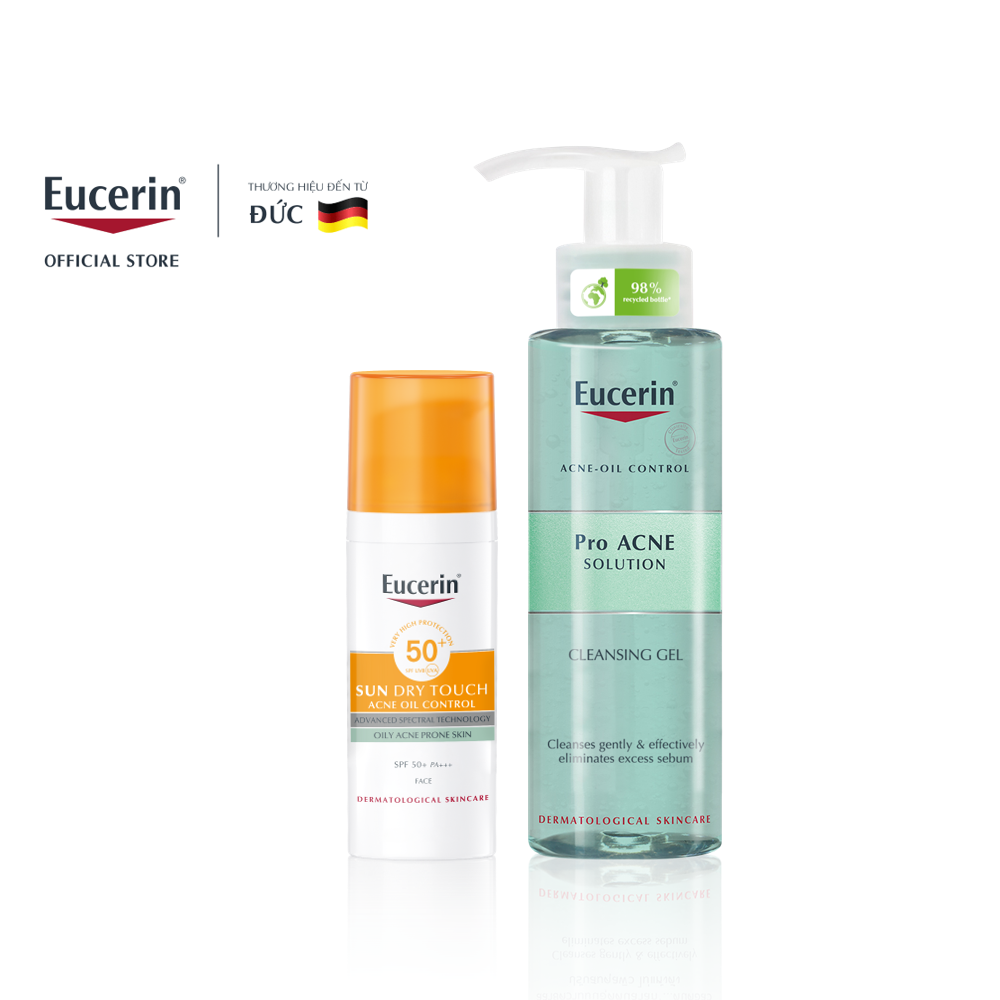 Bộ sản phẩm chống nắng giảm mụn Eucerin Pro Acne: Kem chống nắng Sun Dry Touch 50ml & Gel rửa mặt Pro Acne 200ml