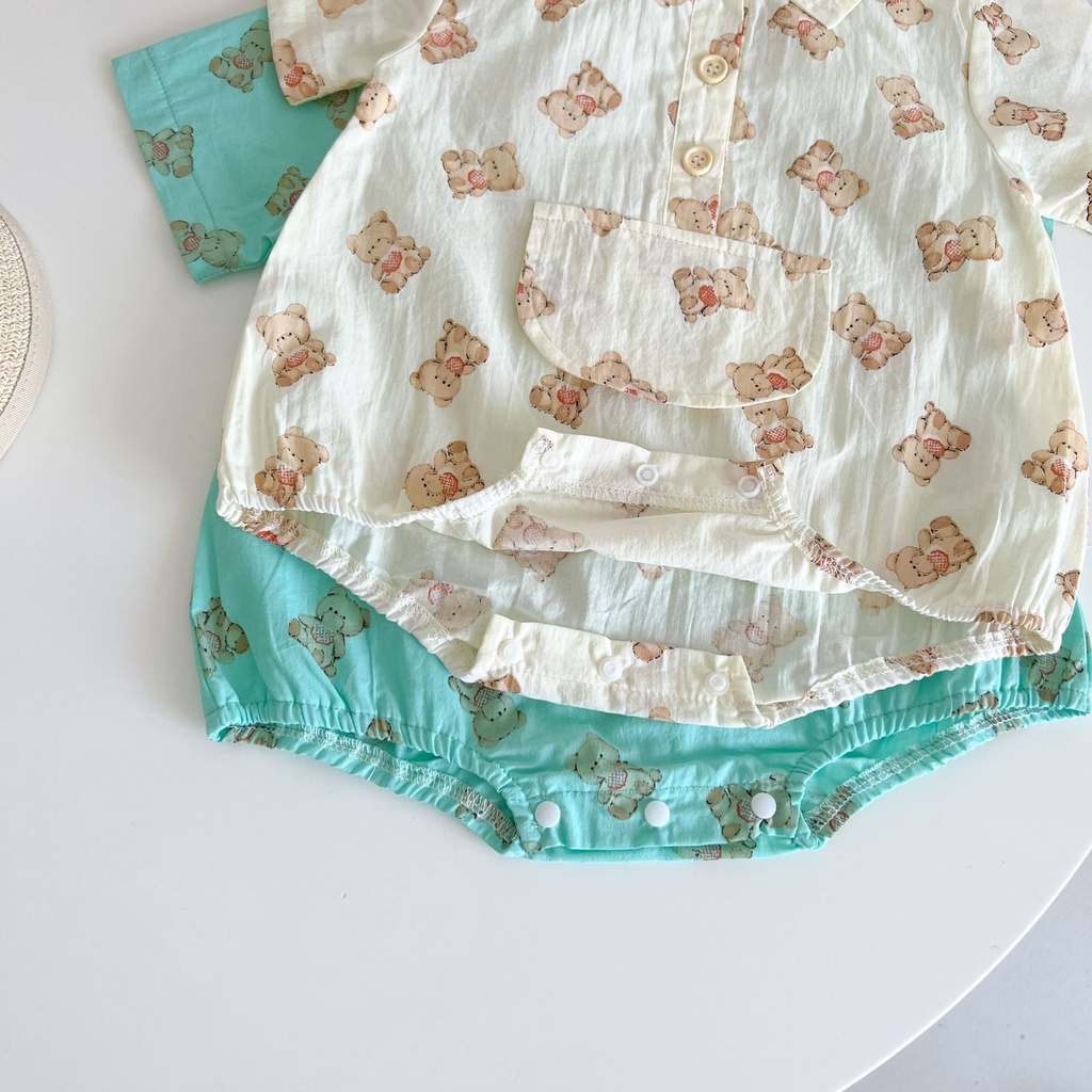 Áo Liền Quần Ngắn Tay Có Túi In Hình Gấu Dễ Thương Cho Bé Trai