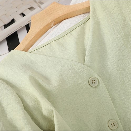 Váy Nữ Cộc Tay Cổ V Thắt Nơ Eo Chất Cotton Trơn Nhiều Màu Hàng Quảng Châu Loại 1 D03