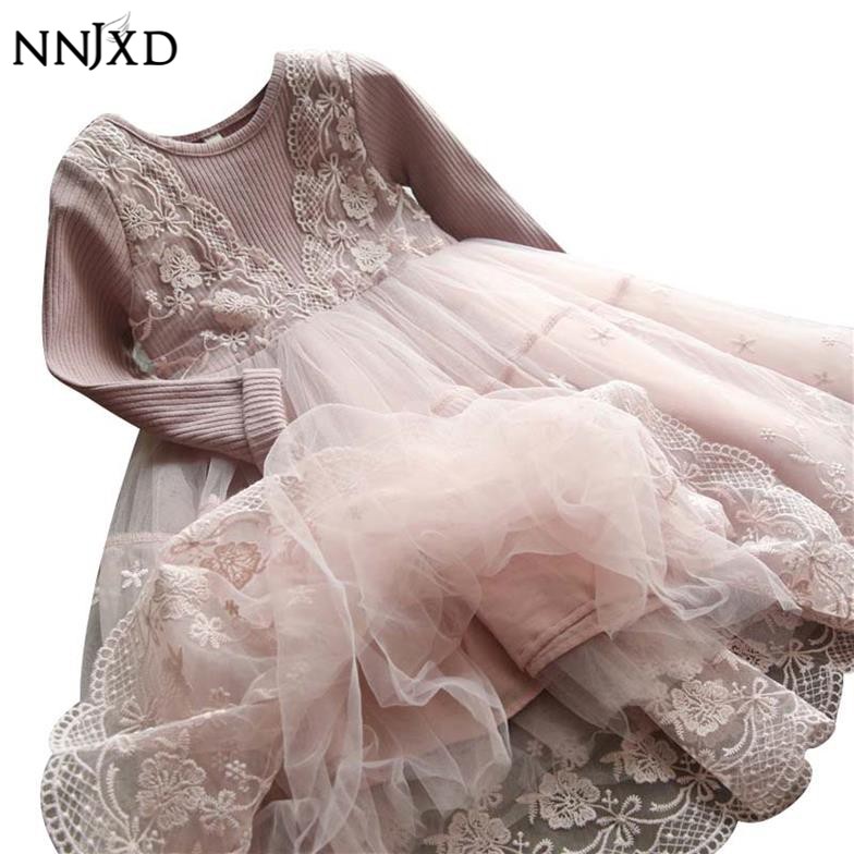 Đầm NNJXD dự tiệc tay áo dài phối ren hoa phong cách mùa thu cho bé gái