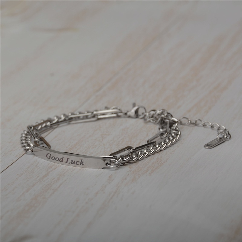 Vòng Tay Hai Lớp Bằng Thép Titan Không Phai Khắc Chữ May Mắn Phong Cách Hip hop Thời Trang Cho Nữ