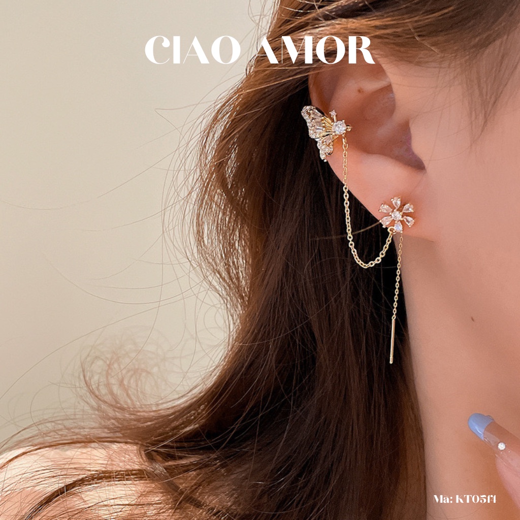 Khuyên tai nữ, Bông tai kẹp vành cánh hoa lấp lánh dự tiệc Trang sức Ciao Amor - KT0514