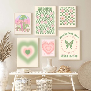 Tranh Vải Canvas Treo Tường Tình yêu Hoa & Nấm & Bướm Trừu Tượng Pastel Hồng Xanh lá Hiện Đại Trang Trí Nhà -MELYHOME