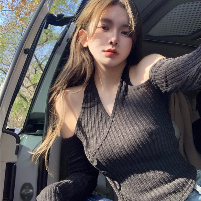 Áo Croptop Tay Dài Hở Vai Màu Sắc Trơn Quyến Rũ Dành Cho Nữ