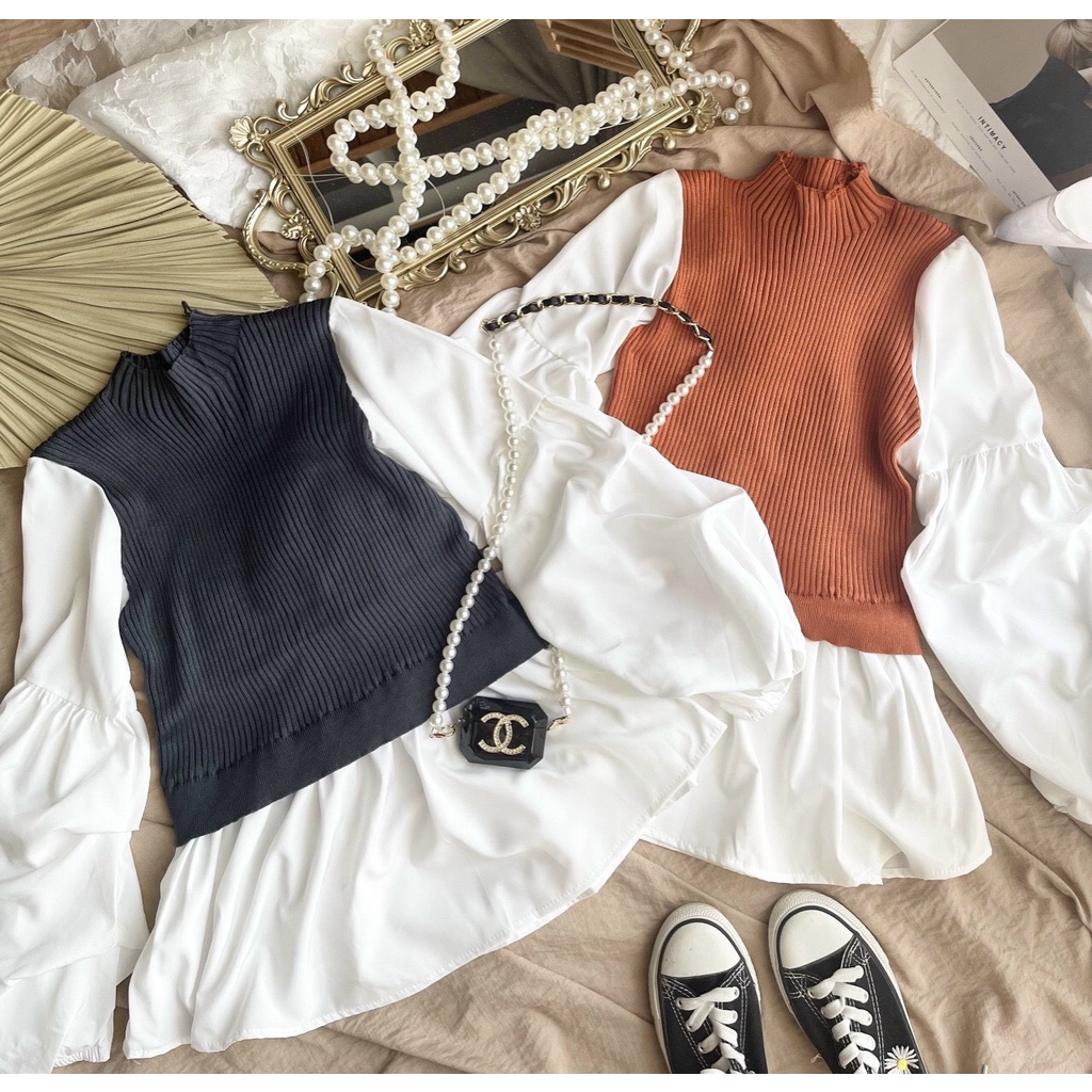 Áo peplum len kiểu phối tay phồng  KÈM ẢNH THẬT  BAO KIỂM ❌