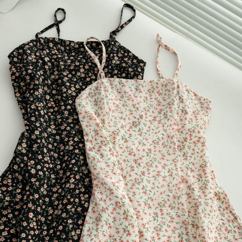 [L&Q]             2021 Summer New Korean Floral Sling Dress Waist Waist Was Thin Western Style A-line Retro Short Skirt Female