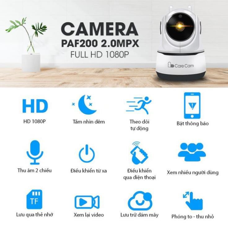 Camera IP Wifi - Carecam Trong Nhà PAF-200 2.0Mpx -1080p, Hình Ảnh Xem Siêu nét, Di Chuyển Theo Chuyển Động