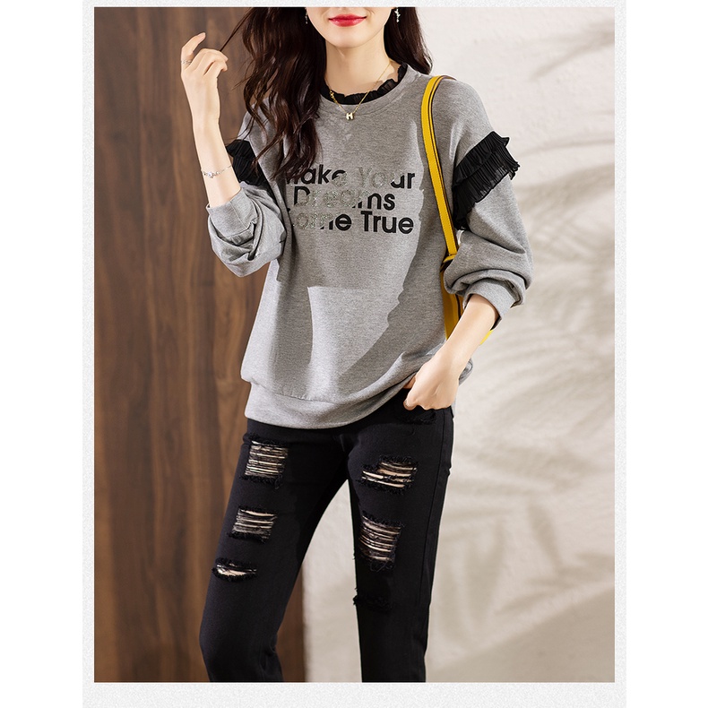 ZHELIHANGFEI Áo Nỉ Nữ Dài Tay Cổ Tròn Form Rộng Thời Trang Hàn