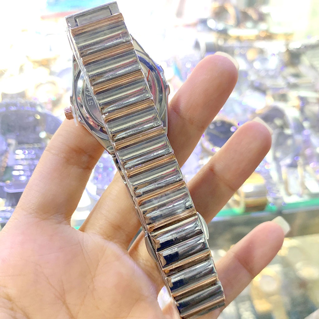 Đồng hồ OMG nữ dây thép không gỉ, viền mặt đính đá, bảo hành 12 tháng