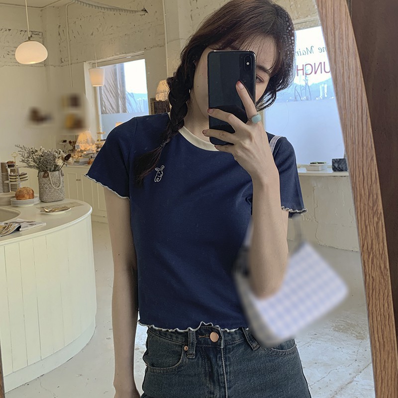 Áo Croptop Dệt Kim Cổ Tròn Hoạ Tiết Kẻ Sọc Phong Cách Retro