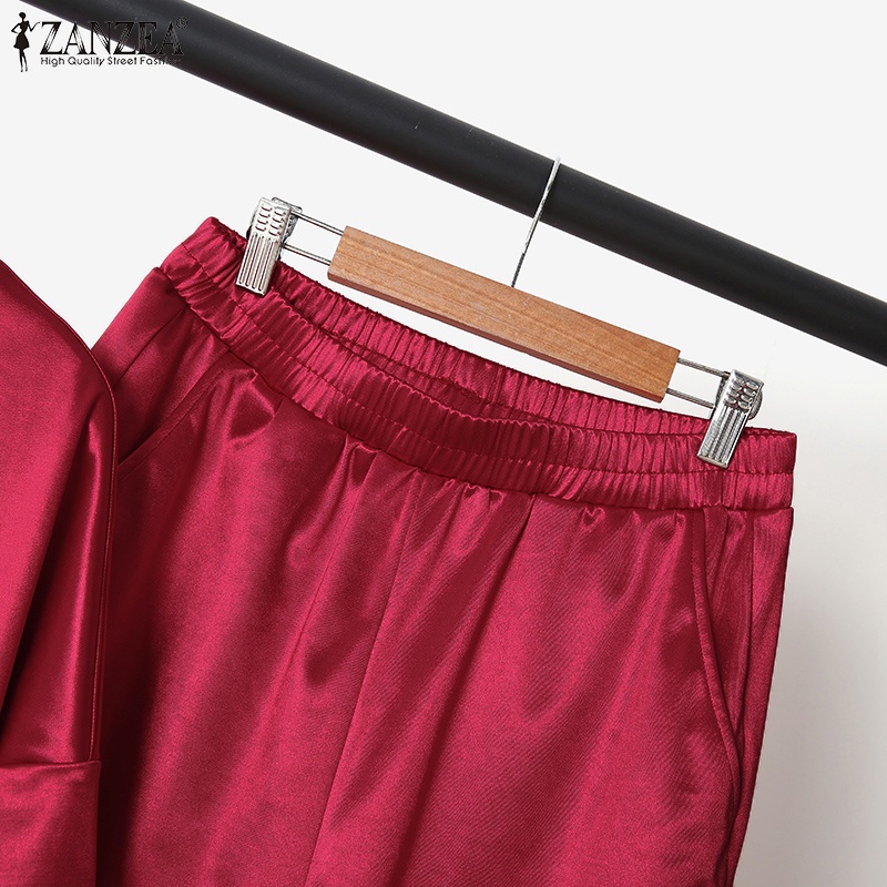 Set đồ Zanzea gồm áo tay lửng cổ tròn kèm quần lưng thun thời trang tùy chọn màu sắc cho nữ