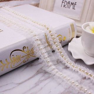 Dải dây ren phối hạt ngọc trai trắng chuyên dùng đính váy cưới phong cách sang trọng