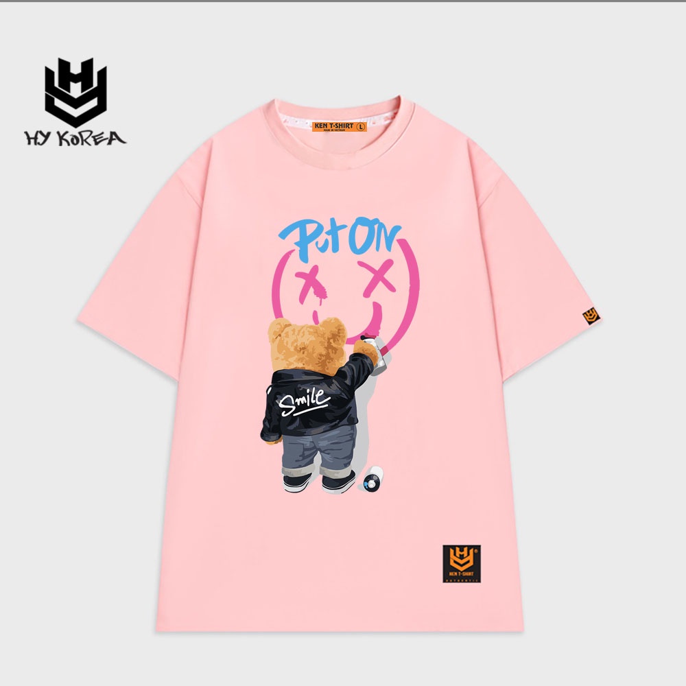 Áo phông nam HY KOREA tay lỡ nam nữ form rộng in hình Gấu vẽ Puton 634
