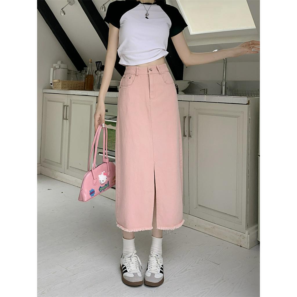 Chân váy jean Hồng Lưng Cao Dáng Rộng Xẻ Tà Thời Trang Mùa Hè Hàng Mới Dành Cho Bạn Nữ