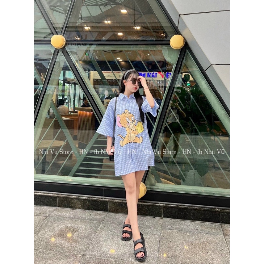 [10.10 Sales Freeship] Đầm sơ mi suông kẻ sọc in hình chuột jerry, đầm sơ mi tay lỡ basic đi chơi dễ thương dx