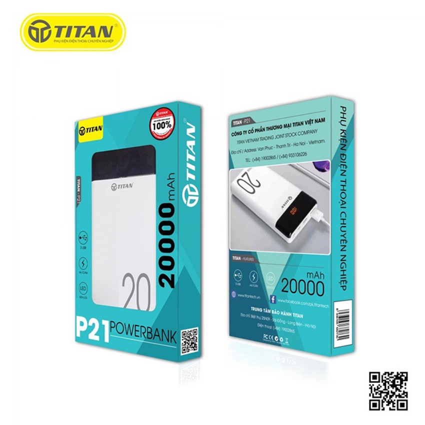 Pin dự phòng 20000 mAh - 3 đầu cắm sạc Type C / Lightning / Micro - Cổng hỗ trợ sạc nhanh - Titan chính hãng