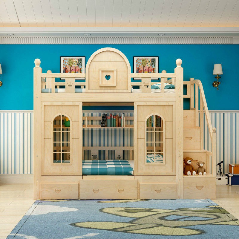 Giường tầng và dưới bằng gỗ đặc, tầng, cao thấp, trẻ em mẹ, trượt lâu đài công chúa, kết hợp thành <