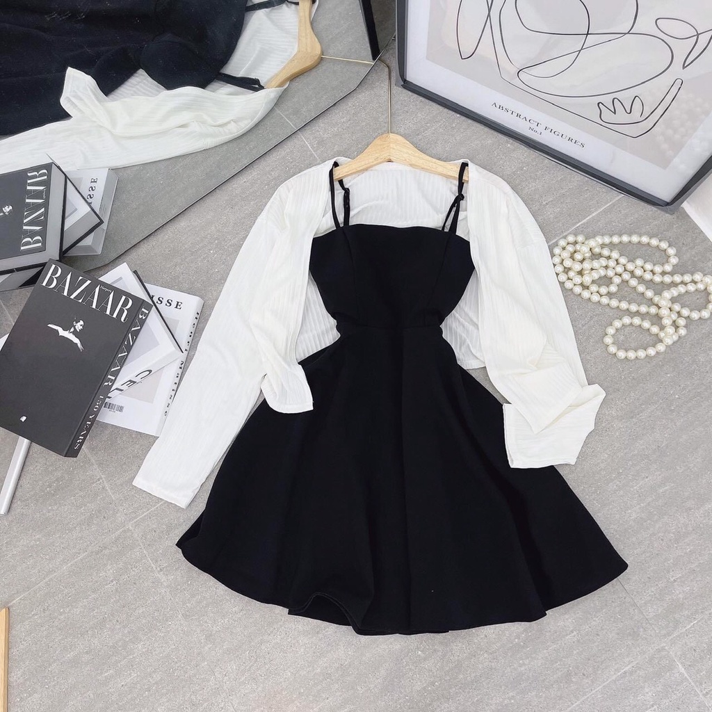 Sét váy 2 dây đen kèm áo khoác nhẹ chất voam mềm mại mát mẻ cho ngày hè SHINO fashion