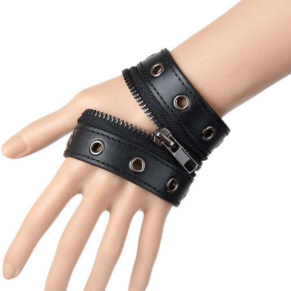 USNOW Vòng Tay Da PU Đính Đinh Tán Phối Khóa Kéo Phong Cách Lolita Punk Cho Nam