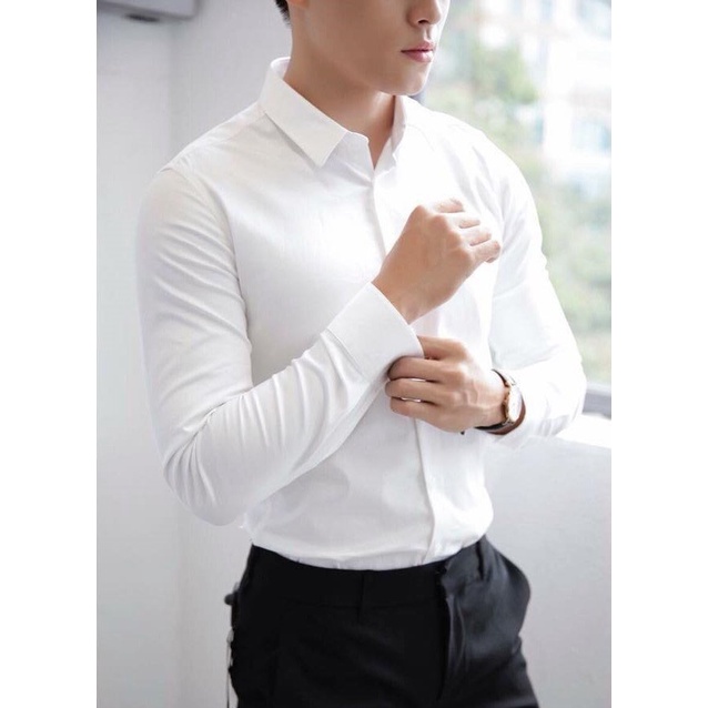 Áo Sơ mi nam dài tay công sở không nhăn, vải cotton lụa, thấm hút mồ hôi tốt, fomr chuẩn màu trắng SMT01