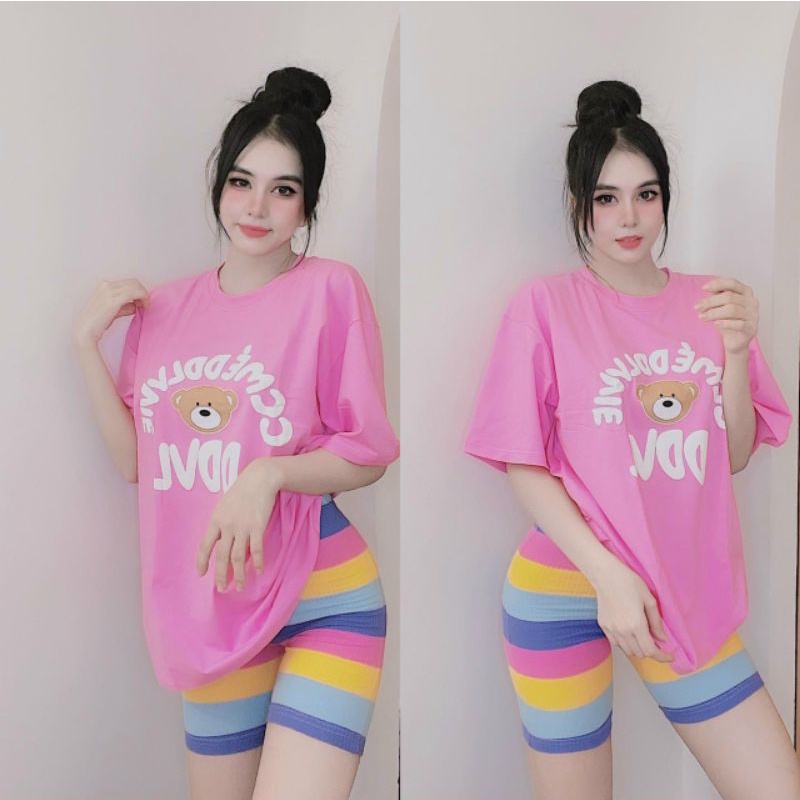 Set thun gấu + quần tăm sọc sắc màu form ngố