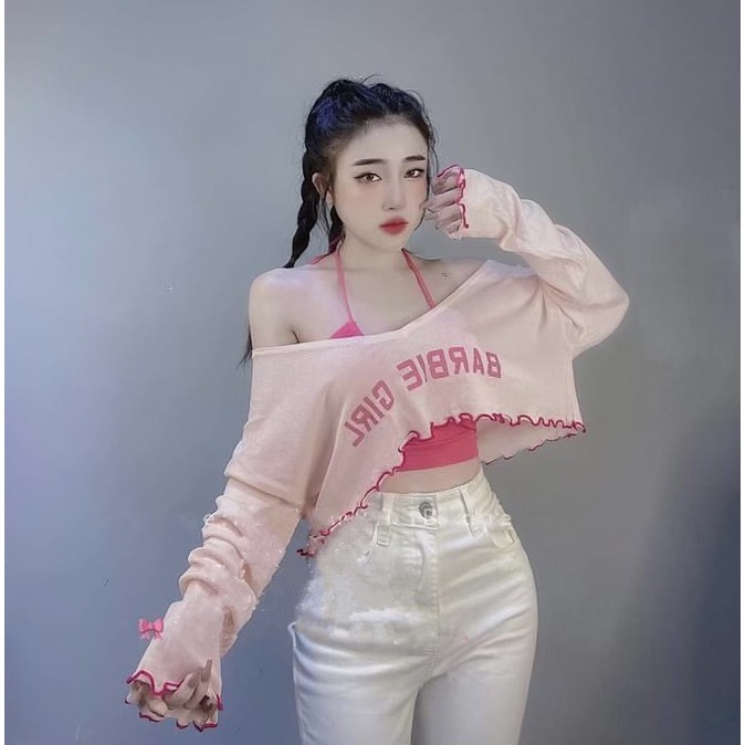Set áo tay dài croptop cổ tim kèm áo 2 dây thêu chữ hở vai quyến rũ alohashop91